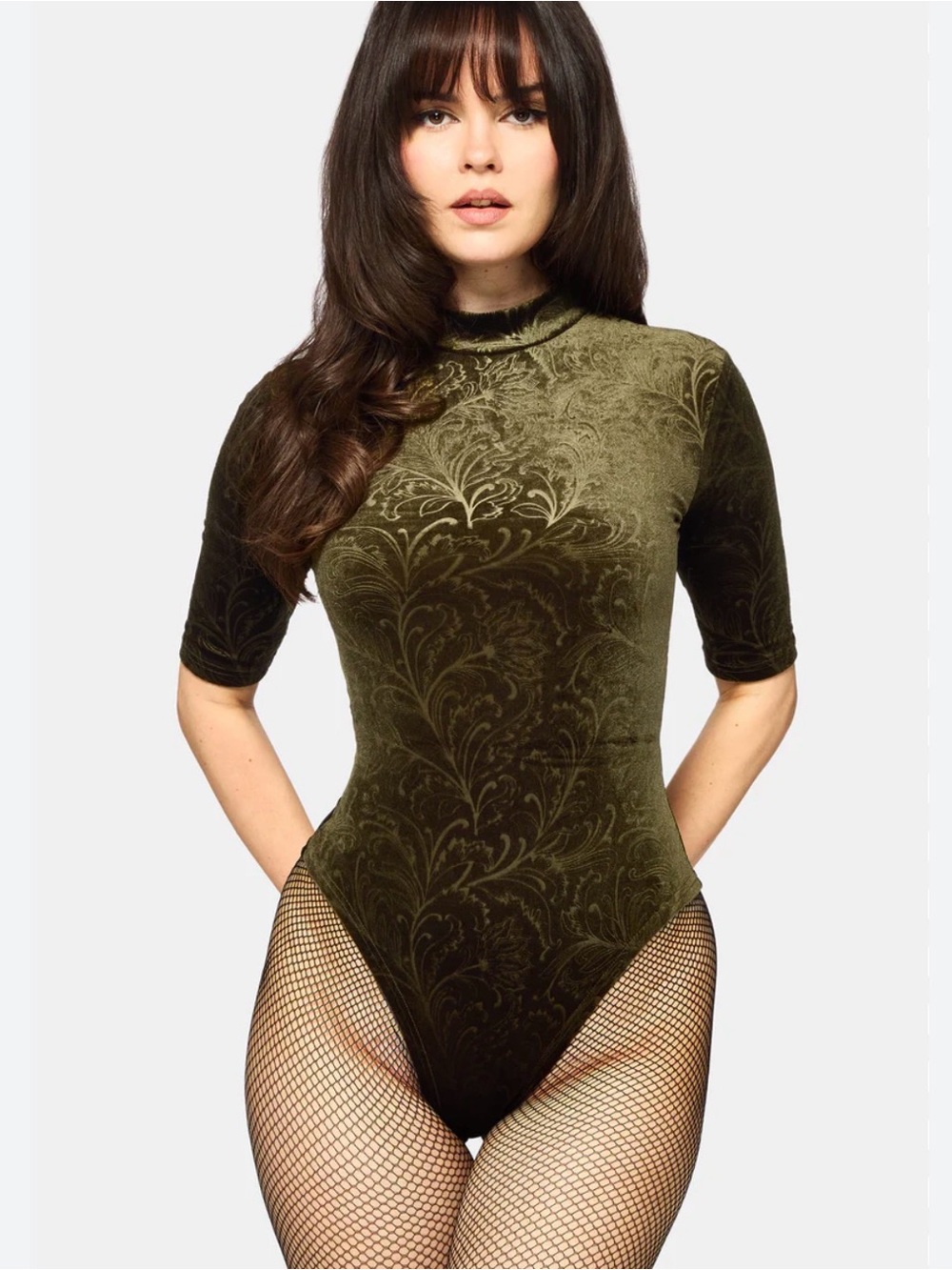 New NWT Disturbia Olive Green Velvet Burnout Floral Mock Neck Bodysuit US 2